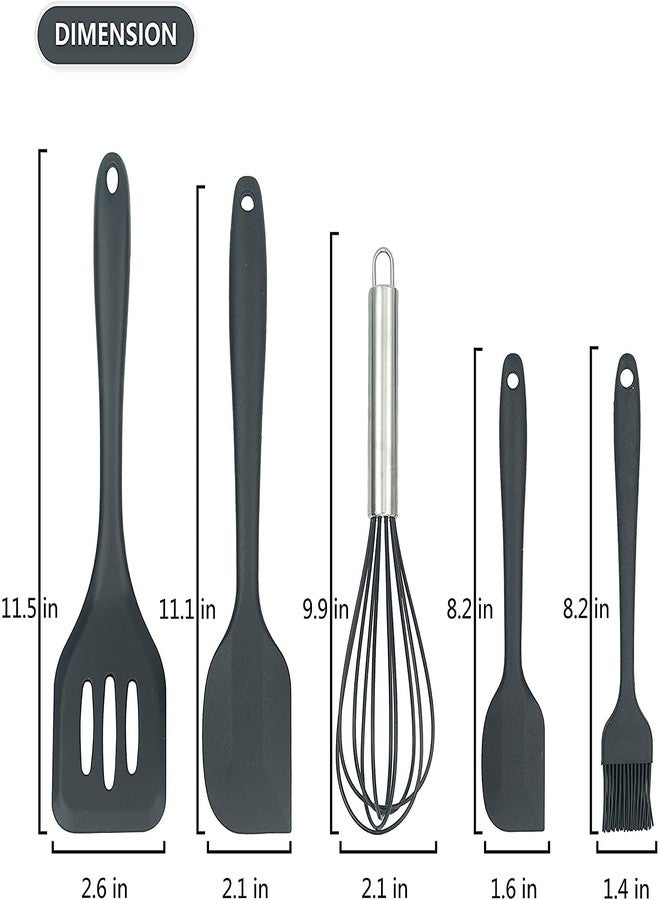 TASKHOUSE Silicone Cooking & Baking Utensil Set 5 Piece Non-Stick Mixing Spatulas, Pastry Brush, Egg Beater, Slotted Turner, Basting Brush - Black - Image 2